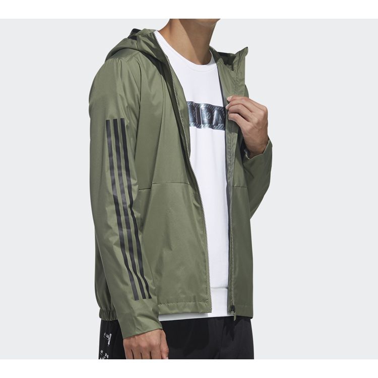 Adidas Three-Stripe Print Sports Hoodie Jacket Men Outerwear Green FM9434