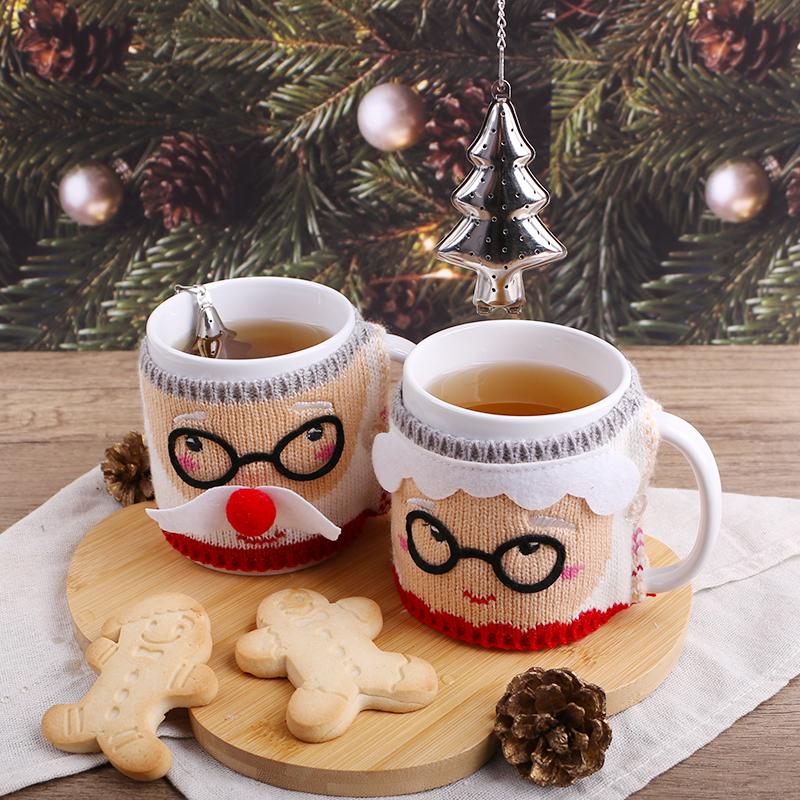Warm 2 Pcs Coffee Mug Set with Santa Knit Cozy and Silver Tree Shaped Tea Infuser Ideal for Valentine Gifts Perfect for Holidays