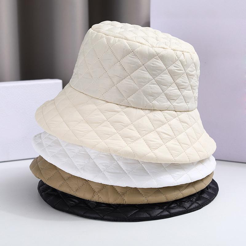 New Autumn Winter Black Bucket Hat For Women Vintage Plaid Bucket Cap Outdoor Ultra Light Down Cotton Fisherman Hat