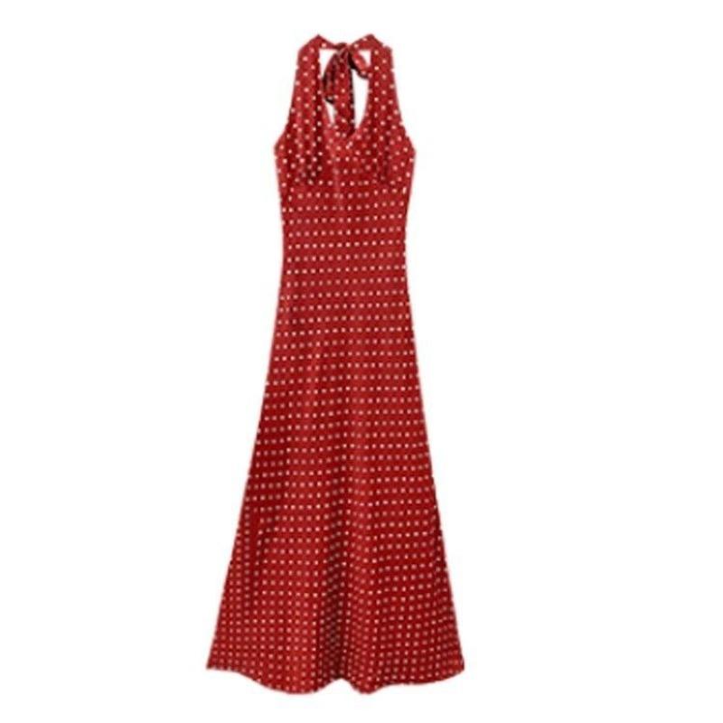Red polka dot neck sling dress for women's summer travel, beautiful seaside vacation, beach long skirt for women