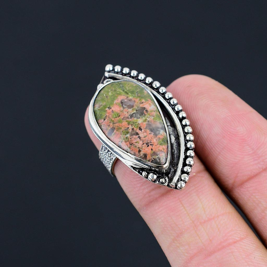 Natural Unakite Gemstone Solitaire Green Ring Size 6 925 Sterling Silver Jewelry
