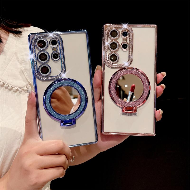 For Samsung Galaxy S24 Ultra Luxury Plating Diamond Frame Flash Mirror Stand Holder Phone Case For Samsung S22 S23 S25Plus Cover