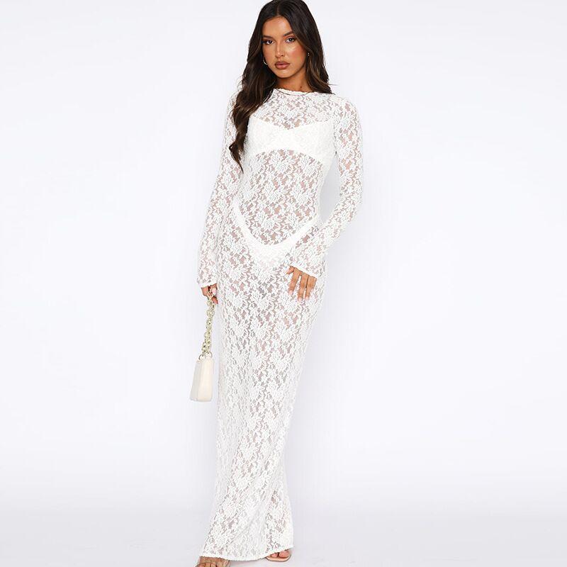 European and American style sexy perspective lace long-sleeved dress autumn popular women S