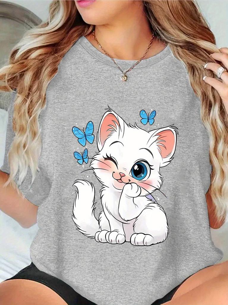 Women Summer Print T Shirt Short Sleeve Round Neck Cute Cartoon Kitten Butterfly Graphic Tees for Casual Daily Wear Personality