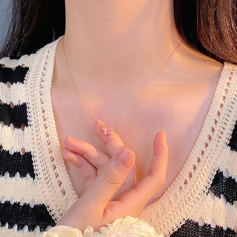 Sweet Pink Butterfly Dropping Gel Necklace for Women's New INS Princess Style Collar Chain Necklace Ornament