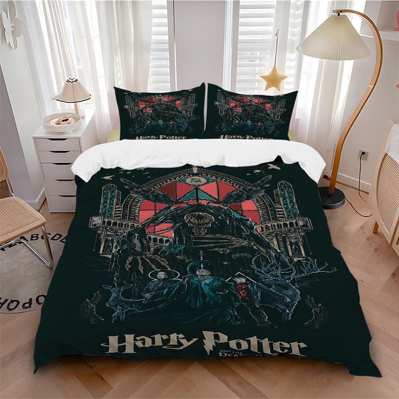 

3pcs Harry Potter Deathly Hallows Bedding Set, Soft Polyester Duvet Cover and Pillowcases Machine Washable Seasons all suitable 97 135x200cm