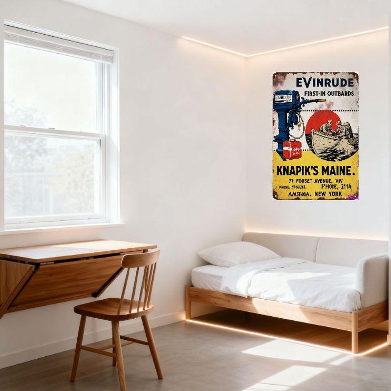 Vintage Evinrude Outboard Motors Metal Tin Sign with 'FIRST-IN OUTBOARDS' Text, Soldiers & Gas Container Illustration - Knapik's