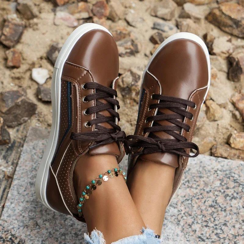 Woman Shoes Casual Sneakers for Women Round Toe Platform Shoes Lace Up Tennis Female Vulcanized Shoes Solid Color Ladies Loafers
