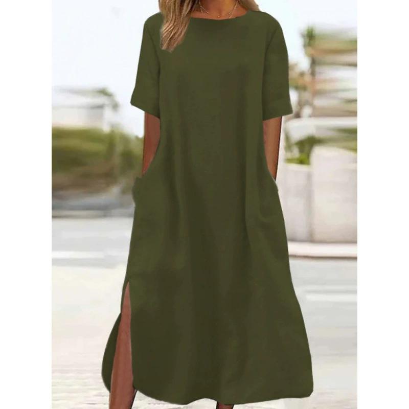 Abito Maxi Estivo Casual Ampio con Maniche Corte e Tasche