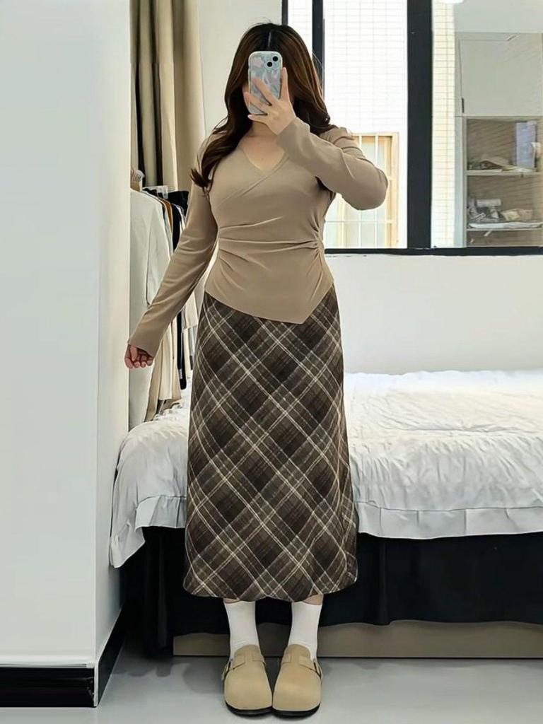 Großformatiger Retro-Karorock in A-Linie - Koreanischer Stil, Hoher Bund, Wollig, Schlankmachend, Stilvoll, Altersreduzierend für Damen im Frühling/Herbst
