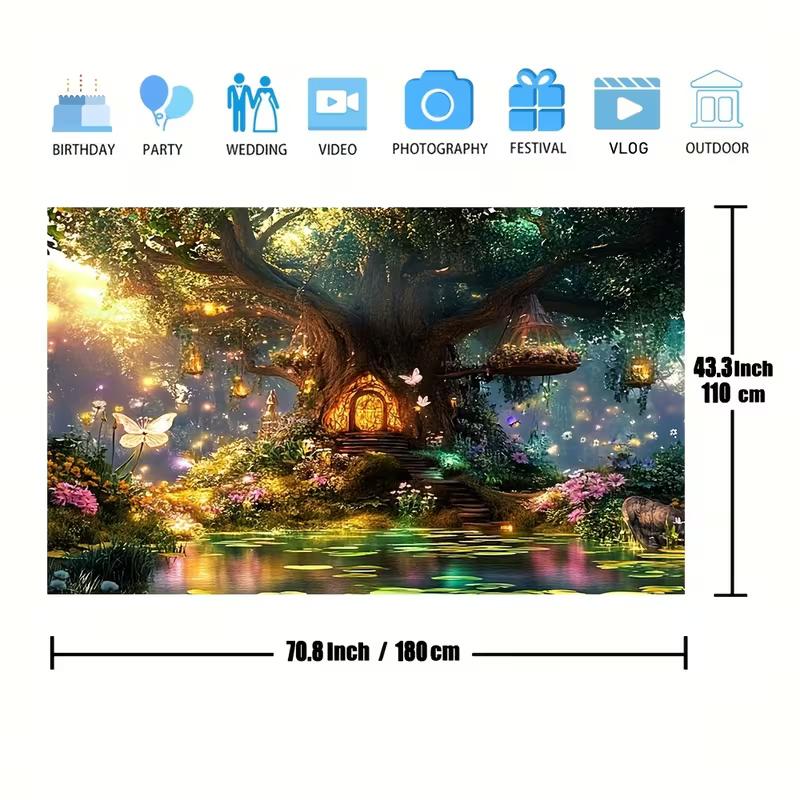 

2D Enchanted Tree House Tapestry Magical Forest with Pond & Lanterns Wall Decor 47.2x31.5inch/120*80cm