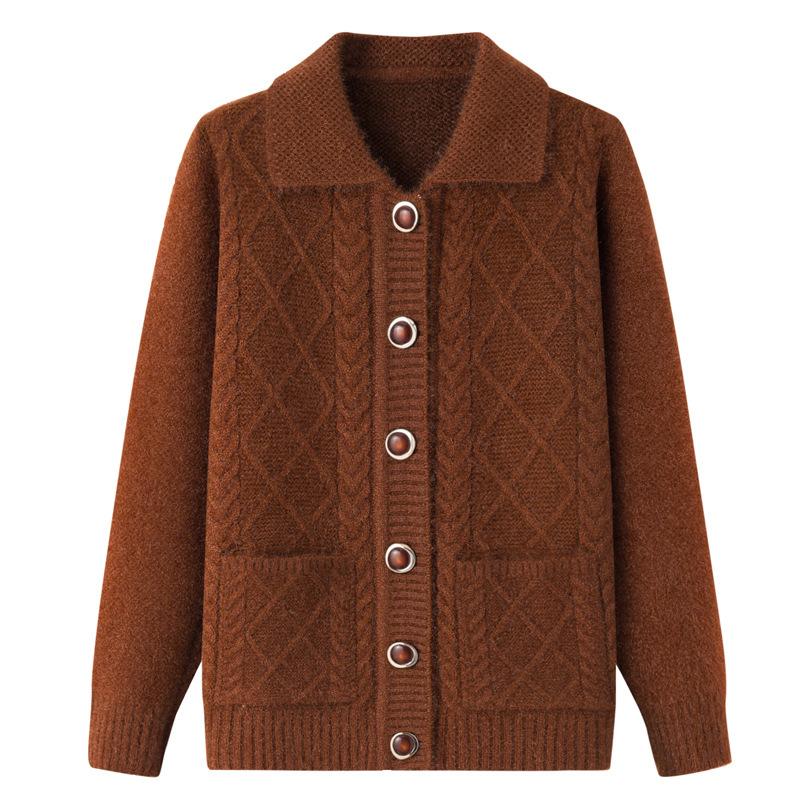 Women's Spring and Autumn Lapel Knitted Jacket Middle-aged and Elderly Solid Color Comfortable Casual Sweater