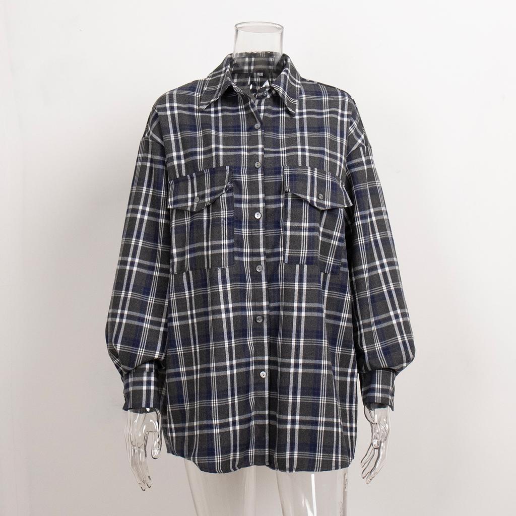 Checkered Shirt Women's Retro Double Pocket Checkered Striped Mid Length Shirt