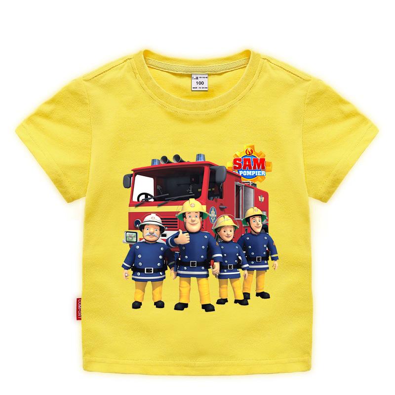 Children Cartoon Fireman Sam Print Cotton Tshirts for Boy Shirt Girl Short Sleeve Tee Top Clothes Kids Clothing Unisex 210Year
