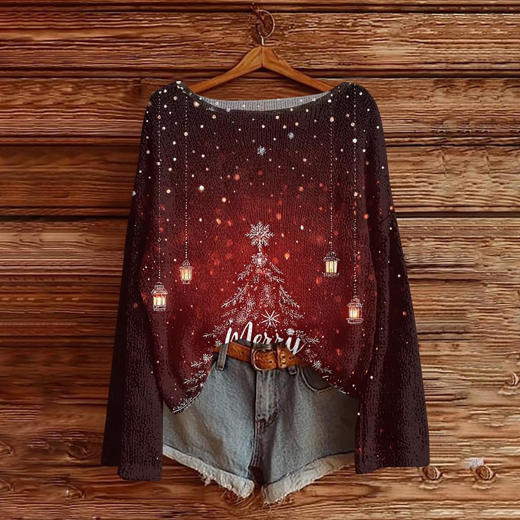 Women's Round Neck Lightweight Sweater Casual Long Sleeve Christmas Print Knit Pullover.