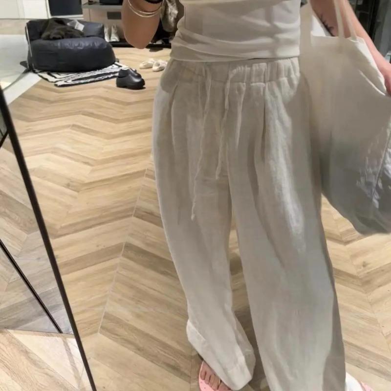 Wide Leg White Linen Pants Woman Casual Basic Summer 2024 Oversize Female Straight Trousers Baggy Elastic Waist Pants