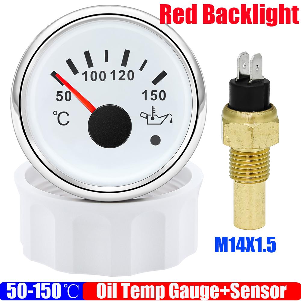 Auto Car Boat 2" 52mm Oil Temperature Gauge with Warning Red Light 50~150℃ Oil Temp Meter+Sensor 1/8NPT M14X1.5 DC12V 24V