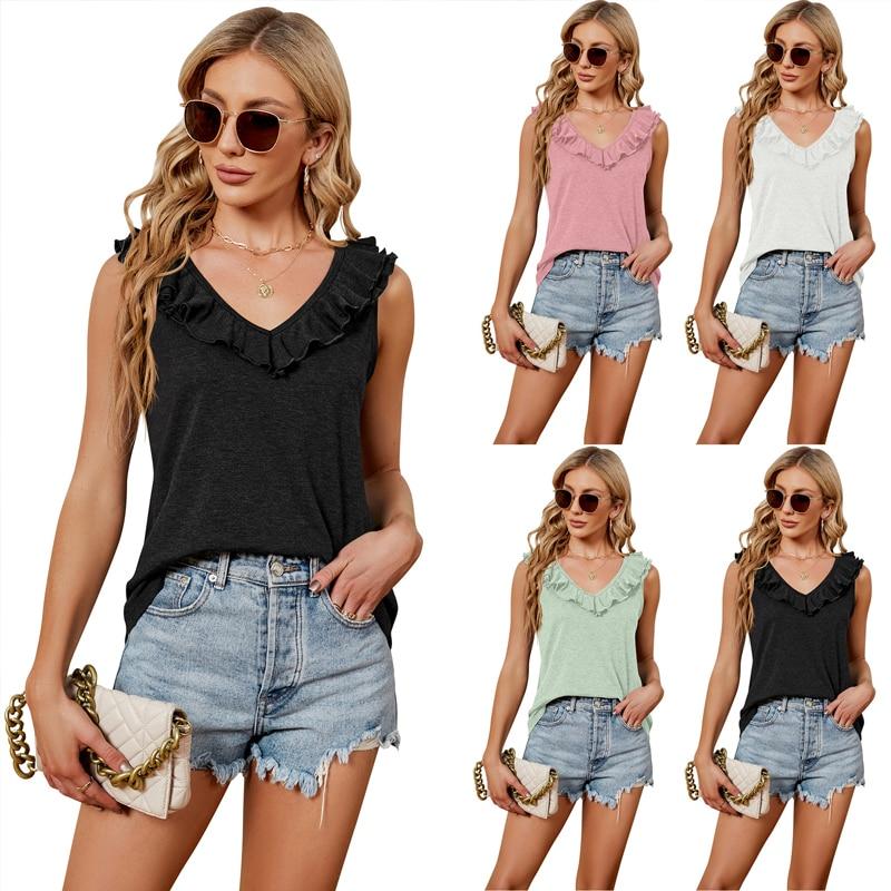 Neformální volná jednobarevná košile Sladký volán Vesta s výstřihem do V Léto Bílá halenka bez rukávů Módní Kancelář Dámské Oblečení Blusas Mujer 25153