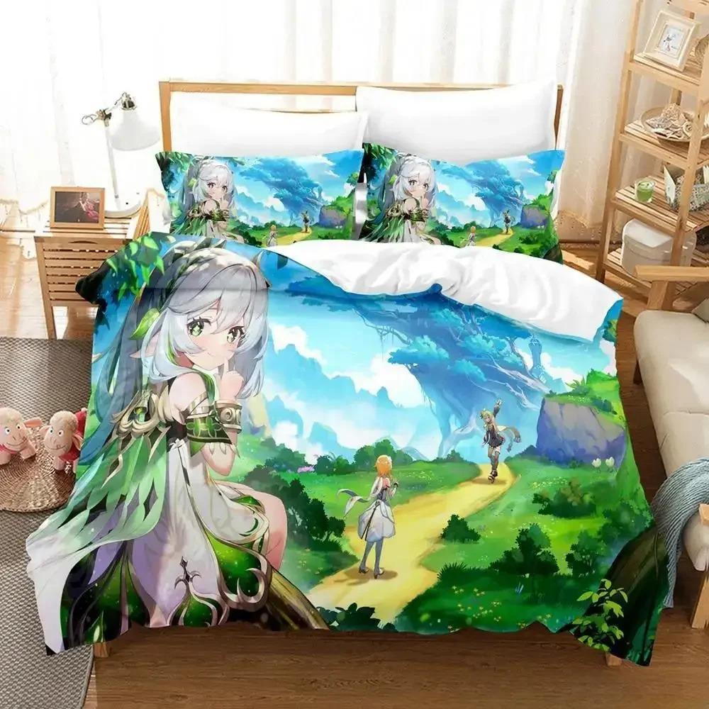 Leicht Atmungsaktiv Neues Spiel Nahida Genshin Impact Cartoon Anime dreiteilig Erwachsene Kinder Schlafzimmer-Sets 3D Kawaii Mädchen Bettdecke