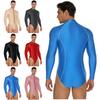 Men's Surfing Rash Guard: Glossy Long Sleeve Leotard with Mock Neck & Front Zipper, UV Protection Swim Bodysuit