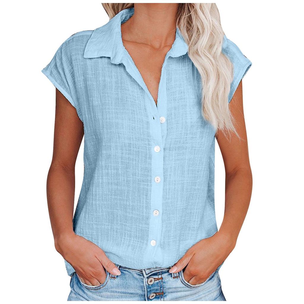 Women's Casual Fashion Short Sleeve Solid Color Single Breasted Shirt Top