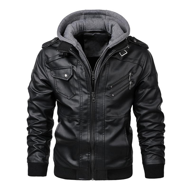 Spring and Autumn Men's Detachable Hooded Thin Knitted PU Leather Coat Large Motorcycle Leather Coat