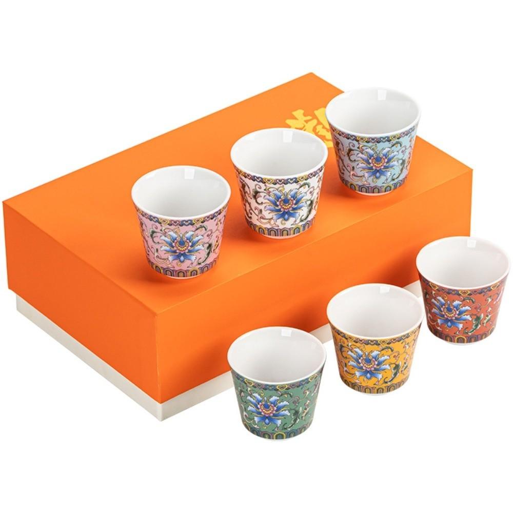 6pcs/set Flower Tea Cup Chinese Style Enamel Cup Kung Fu Tea Set Ceramic Cup  Afternoon Tea
