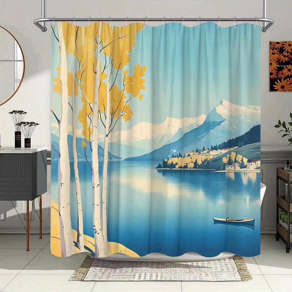 1 шт. Винтажная шторка для душа у озера - Золотые березы, Отражение синего озера и Пейзаж со снежными горами, Искусство с рыбаком 90x180cm