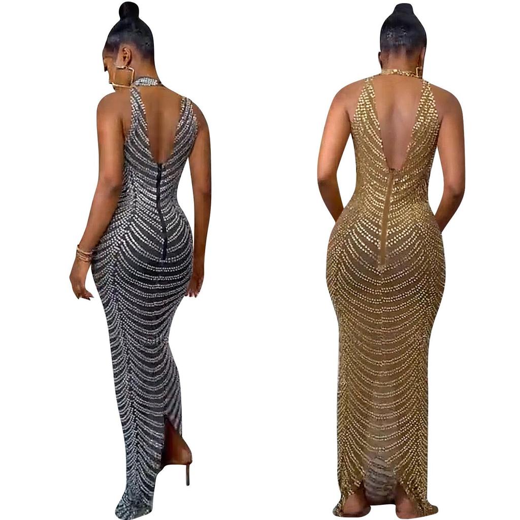 X5259 European Fashion Sexy Rhinestone Backless Nightclub Party Dress - See-through Long Dress for Women