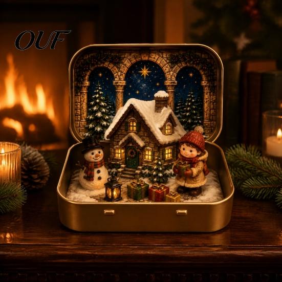 Small Holiday Tabletop Decor Mini Christmas Set in A Tin Box, Pocket Size Scene Tiered Decoration Box with Miniature Figures, Collectible for