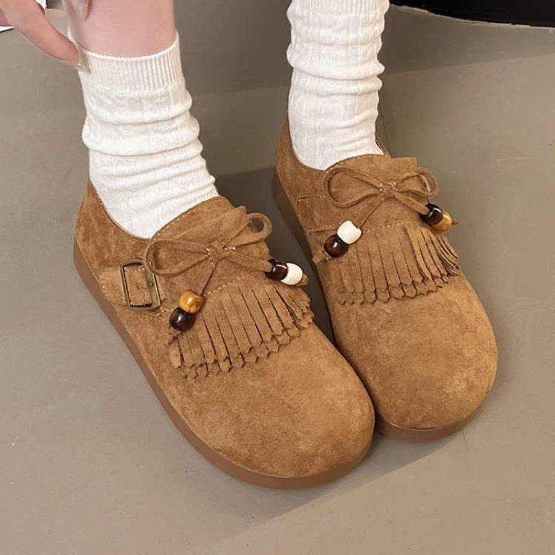 Retro Tassel Women's Fashion and Comfort Casual Beaded Bag Head Single Shoes Women's Autumn New Women's Shoes
