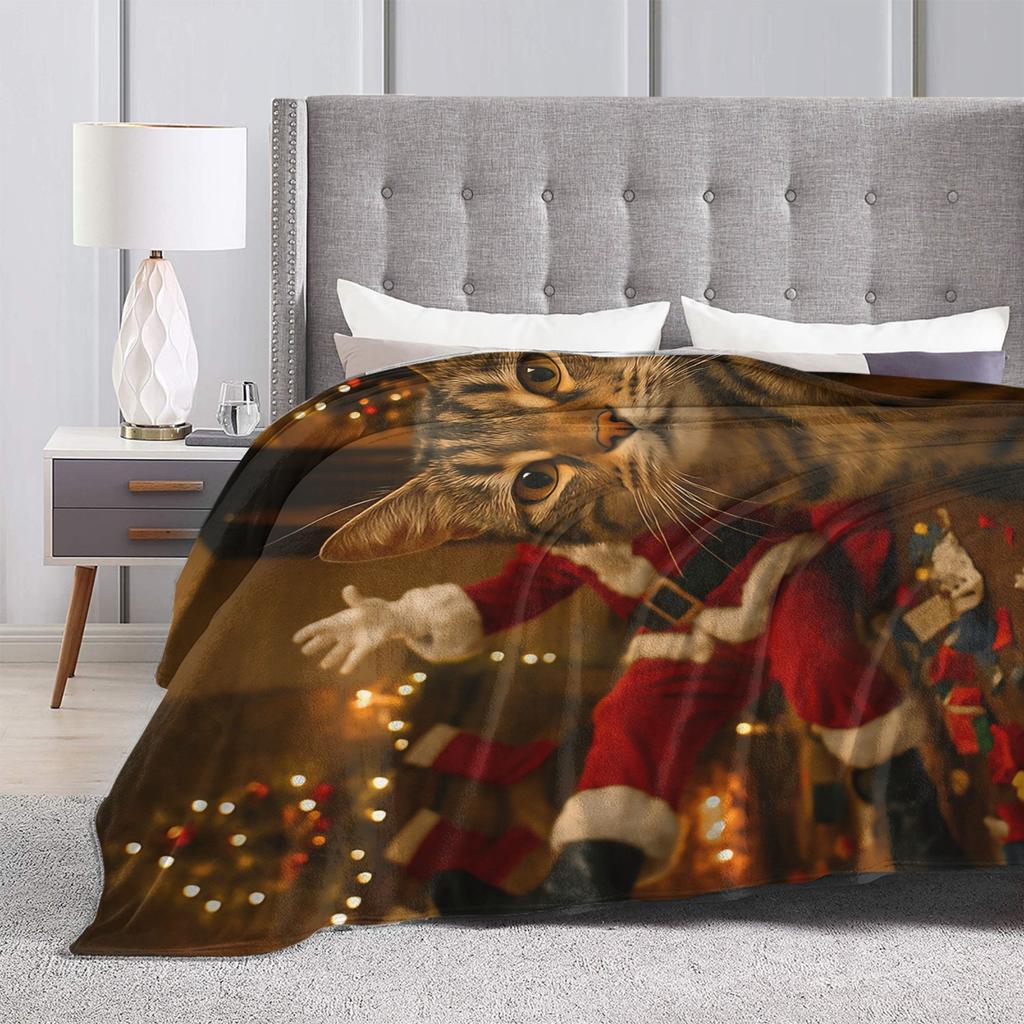 Cat Selfie with Santa Flannel Blanket Winter  Soft Bedding Throws for Child Couch Chair Funny Bedspread Sofa Bed Cover
