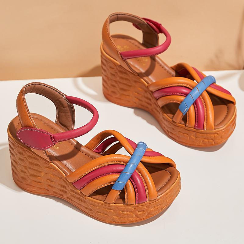 

Fashion GKTINOO Women Sandals Genuine Leather 2025 New Summer Women Shoes hook & loop Retro Wedges Casual Platform Ladies Sandals 8.5