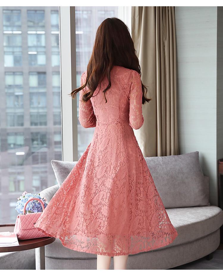 Autumn Lace Slim Fit Solid Color Long-Sleeve Plus Size Dress for Women