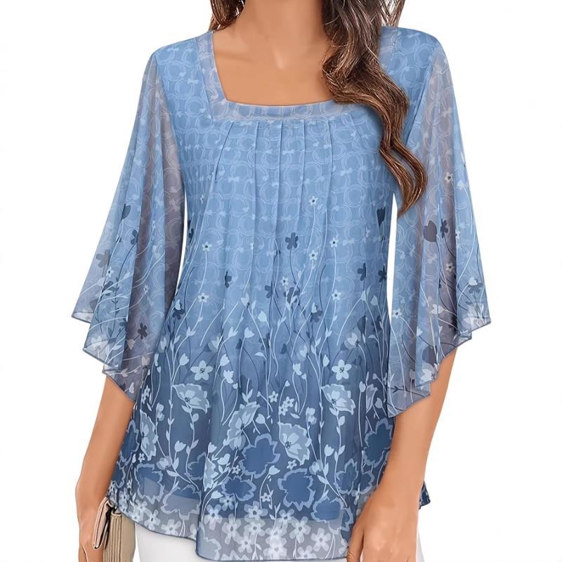 Womens Floral Print Chiffon Blouse Square Neck Flare Sleeve Casual Loose Tunic Top 0XL небесно-голубой