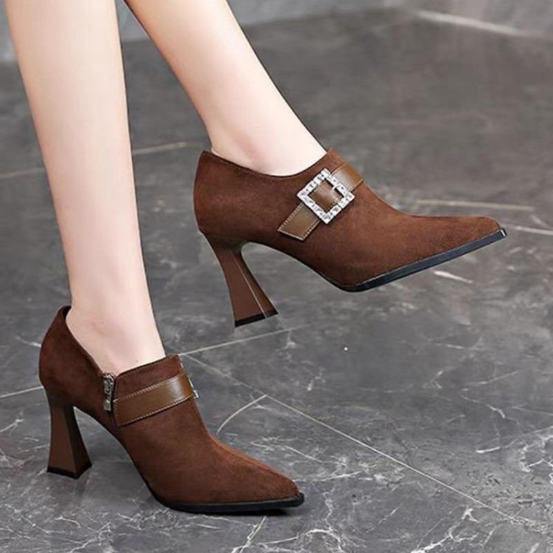 Fashion Spring New Coarse Heel Shoes Women's Pointed Suede Crystal Buckle Side Zipper Anti-slip Wear-resistant High Heels