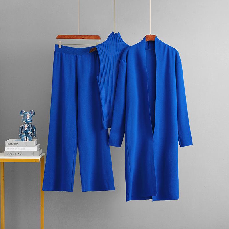 Женский вязаный комплект из трех предметов однотонный - Жилет без рукавов, Кардиган, Брюки One Size синий