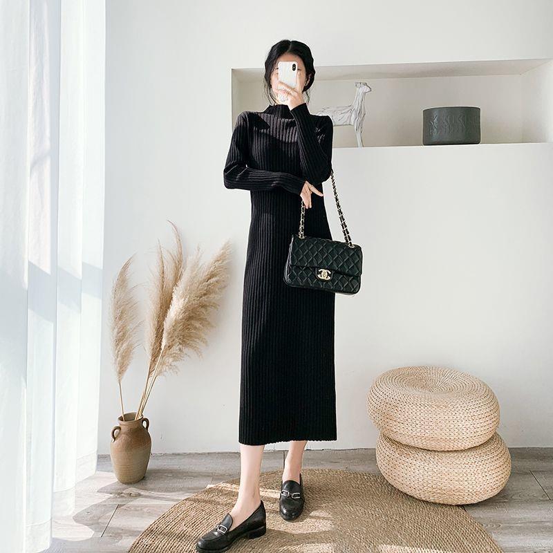 Plus-Size Women's Thickened Winter Long Knitted Wool Dress with Half-High Collar