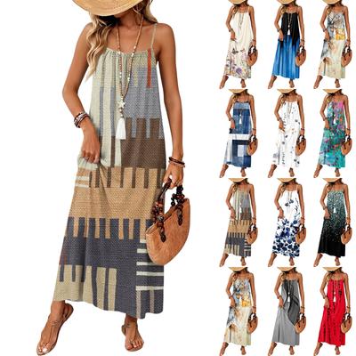 Women Sleeveless Maxi Dress Geometric Print Spaghetti Strap Long Dress Casual Home Vacation Wear Lightweight Comfortable Fabric