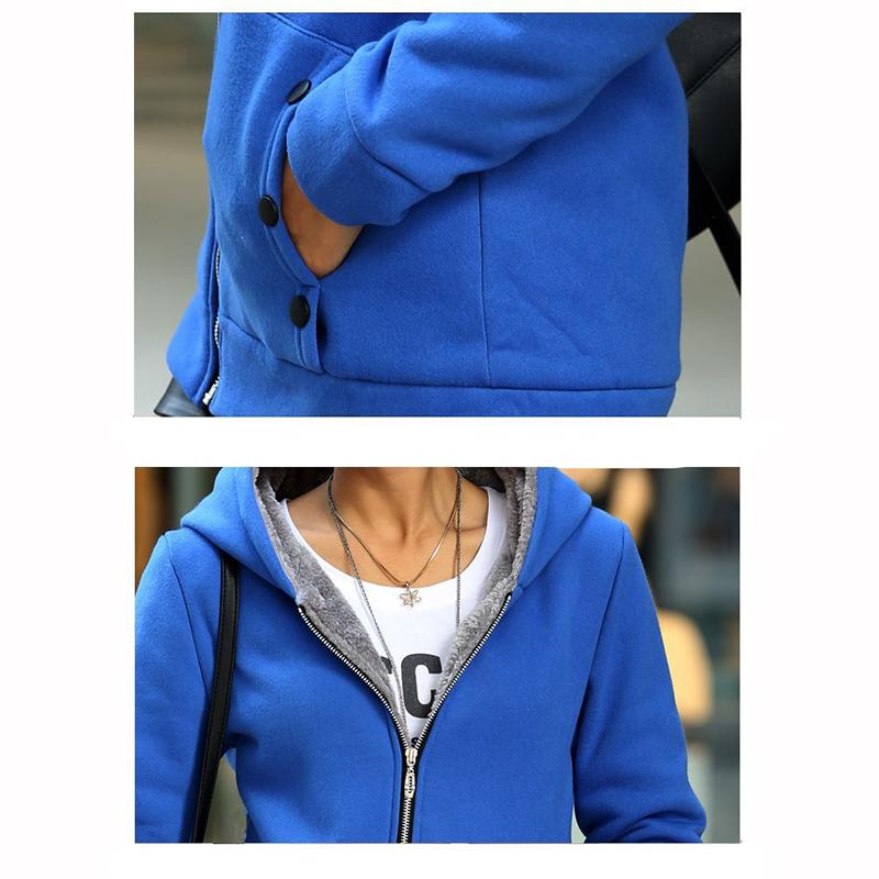 Women's Fleece Lined Hooded Jacket Thickened Autumn Winter Mid Length Coat Inner Fur Versatile Cardigan