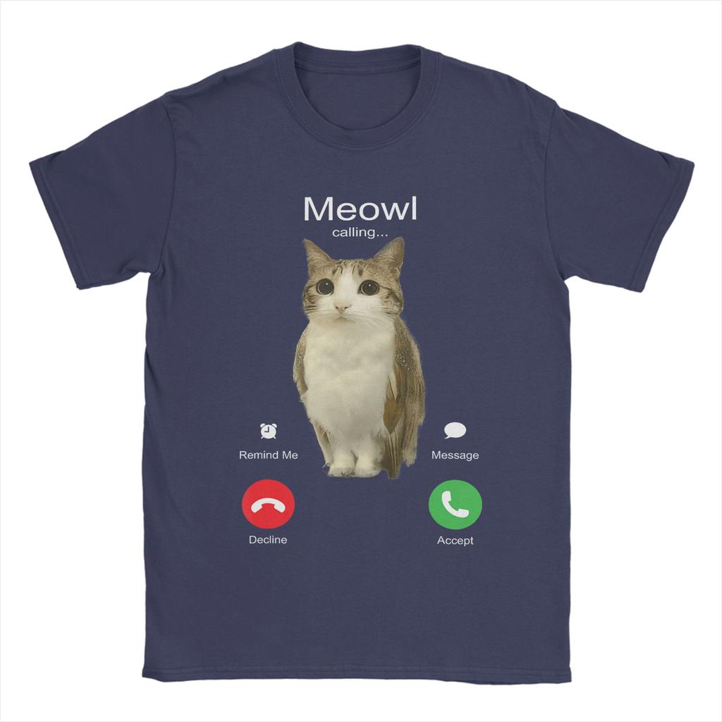 Men TShirt Meowl Is Calling Phone Call Meme Brainrot Funny Cat Owl Cotton Tees Short Sleeve T Shirts Round Neck Clothing