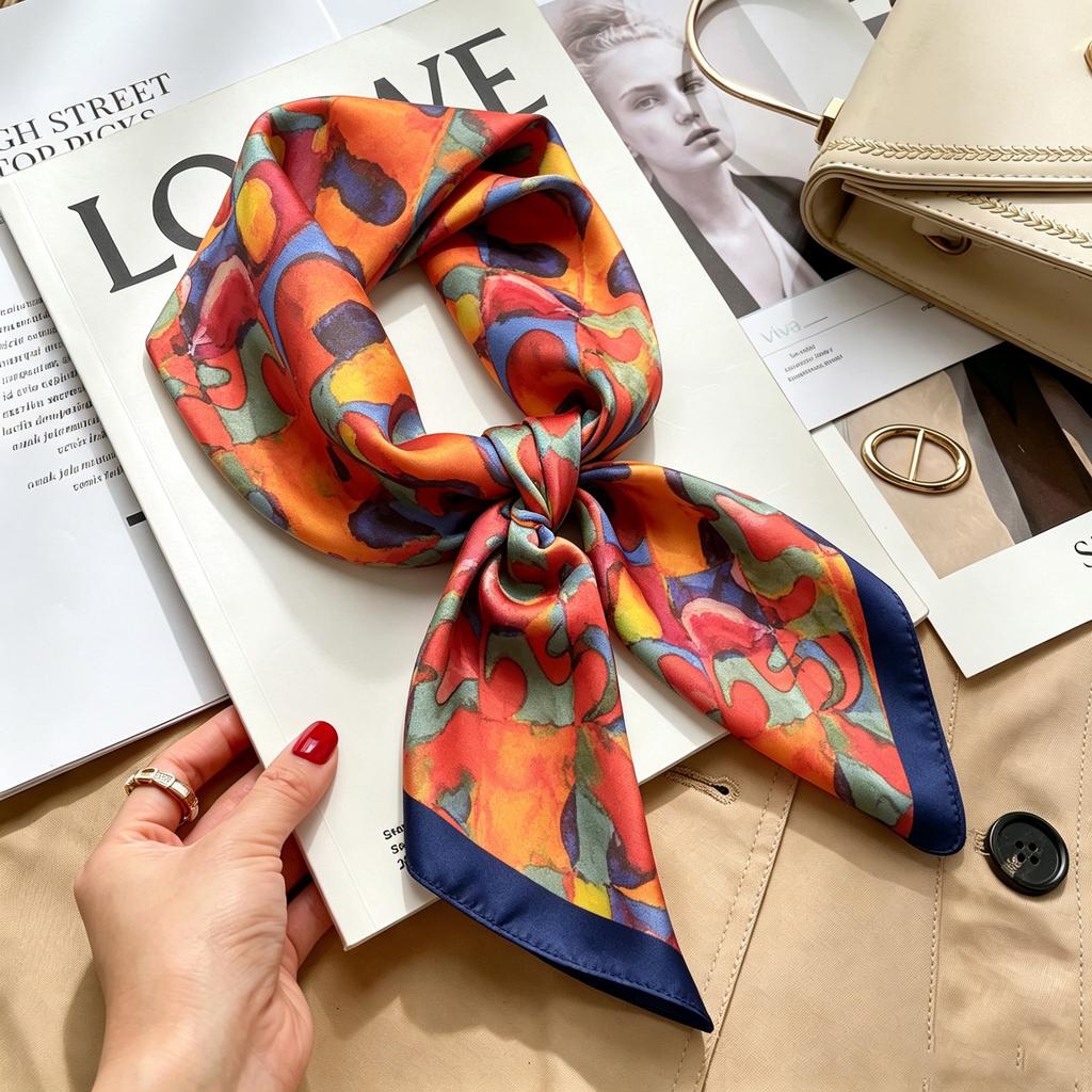Commuter elegant flower silk scarf women's contrasting color retro printing satin scarf shirt with multi-purpose decorative small scarf