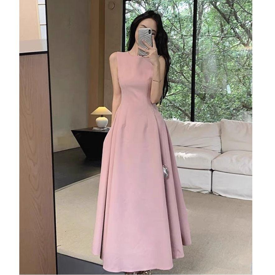 Solid color dress children's summer new French temperament high-end sleeveless vest waist thin dress