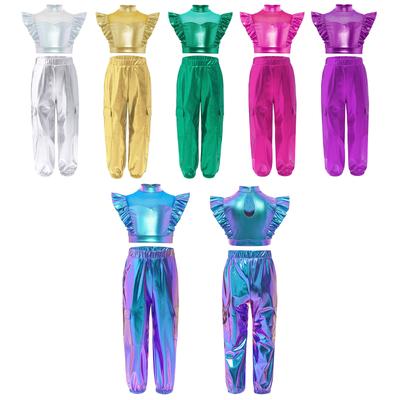 Conjunto Hip-Hop Jazz Infantil Gola Alta Patchwork de Tela Sem Mangas Top Cropped Metalizado com Babados e Calça Cargo Brilhante Combinando para Palco