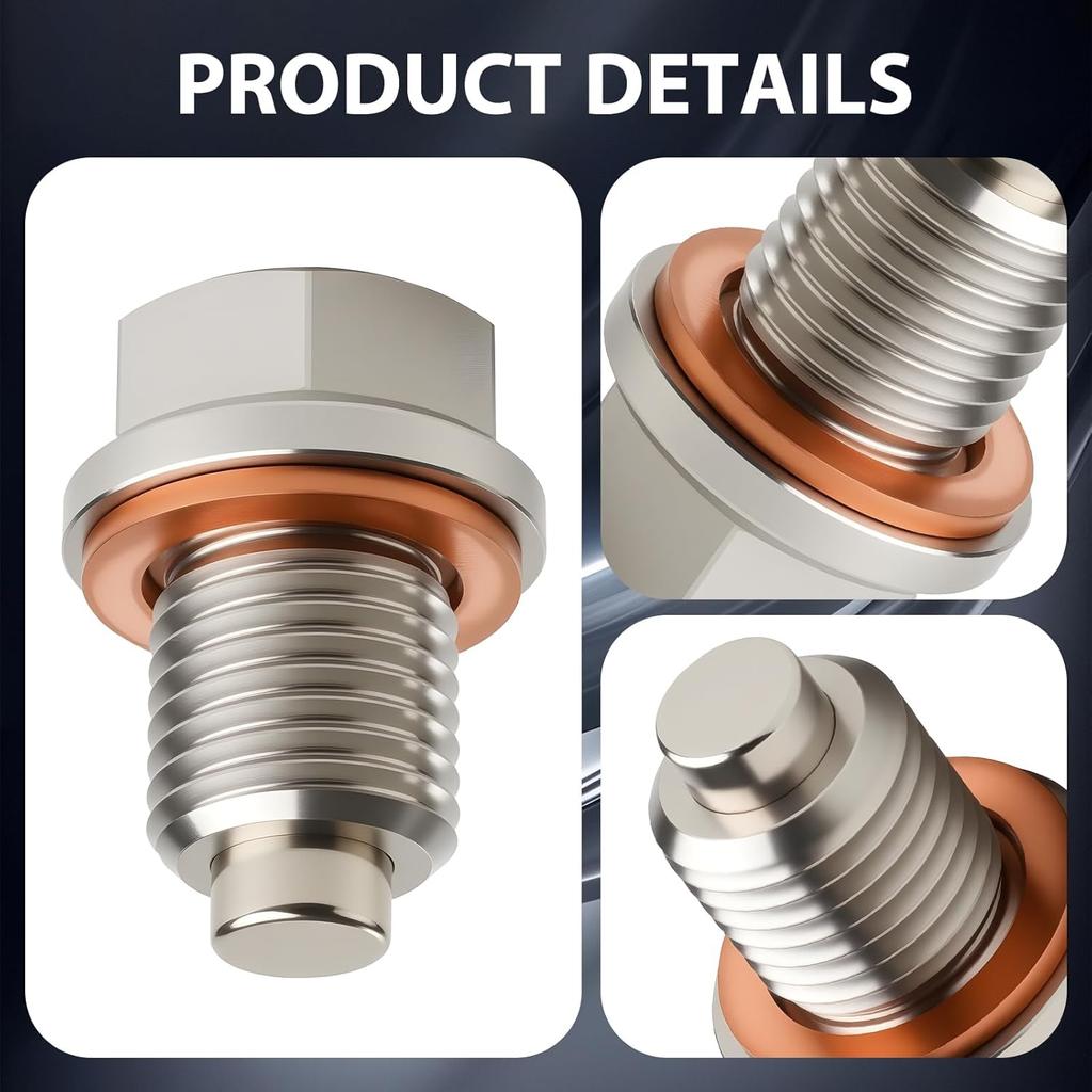 M14 X 1.5 Magnetic Stainless Steel Oil Drain Plug Sump Drain Nut Bolt with Copper Gasket Crush Washer Compatible with Most Ford, GM, Hyundai, KIA and