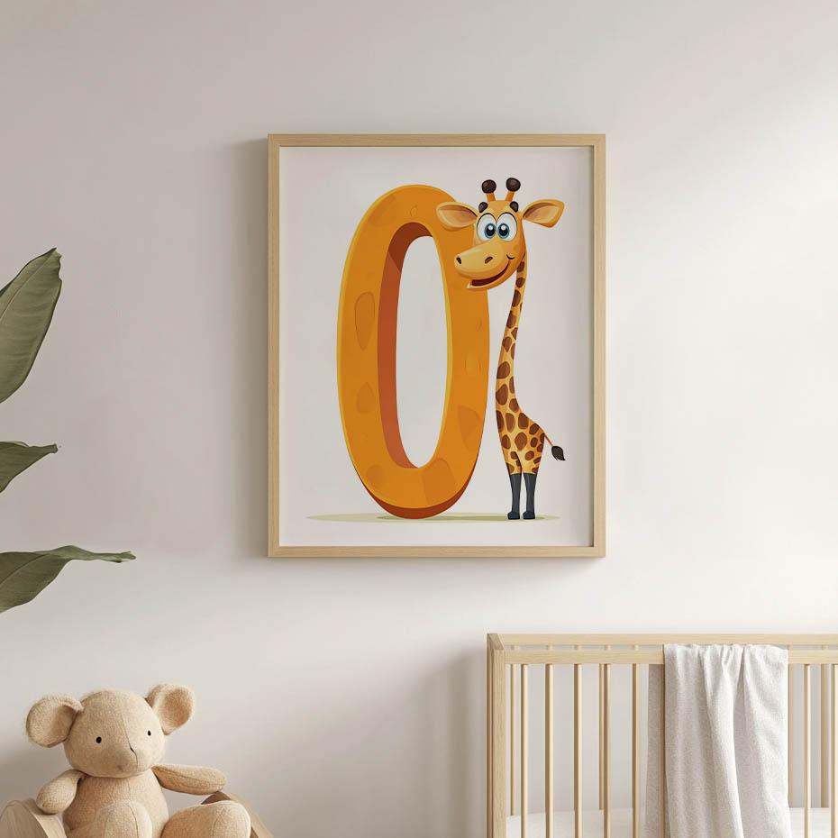 Poster Smiling Giraffe At The Letter "O Poster Smiling Giraffe At The Letter "O, 50X70 Cm, Unframed, Premium Canvas On Stretcher
