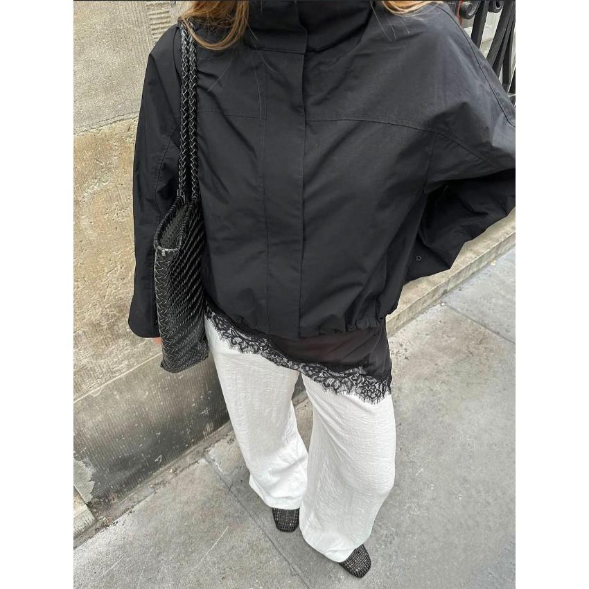 Autumn and Winter New Loose Drawstring Outdoor Jacket Design Sense White Black Stand-up Collar Trench Coat