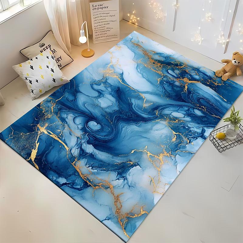 Blue and Gold Marble Abstract Design Rug Non-slip rug suitable for living room and bedroom sofas.