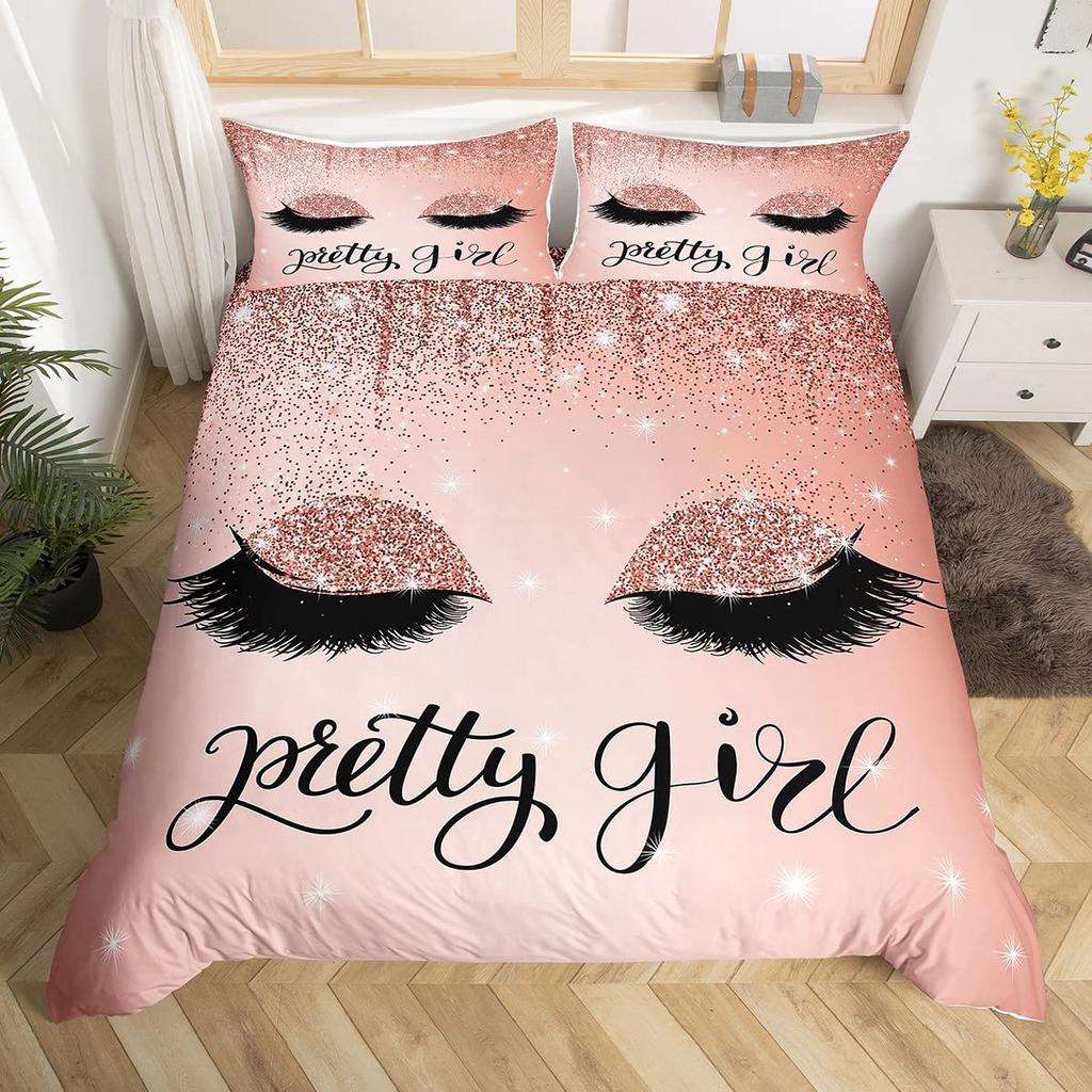 Girls Crown Eyelash Duvet Cover Twin Queen Size Gorgeous Glitter Diamond Princess Style Bedding Set Romantic Bowknot Quilt Cover