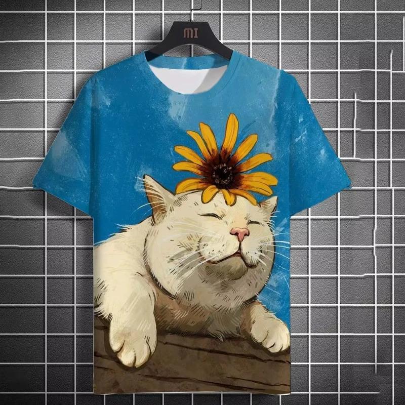 Cute Cat Graphic 3D Print Funny Streetwear Casual Short Sleeve Men's T-shirts Summer Daily Fun Humor Tees Tops